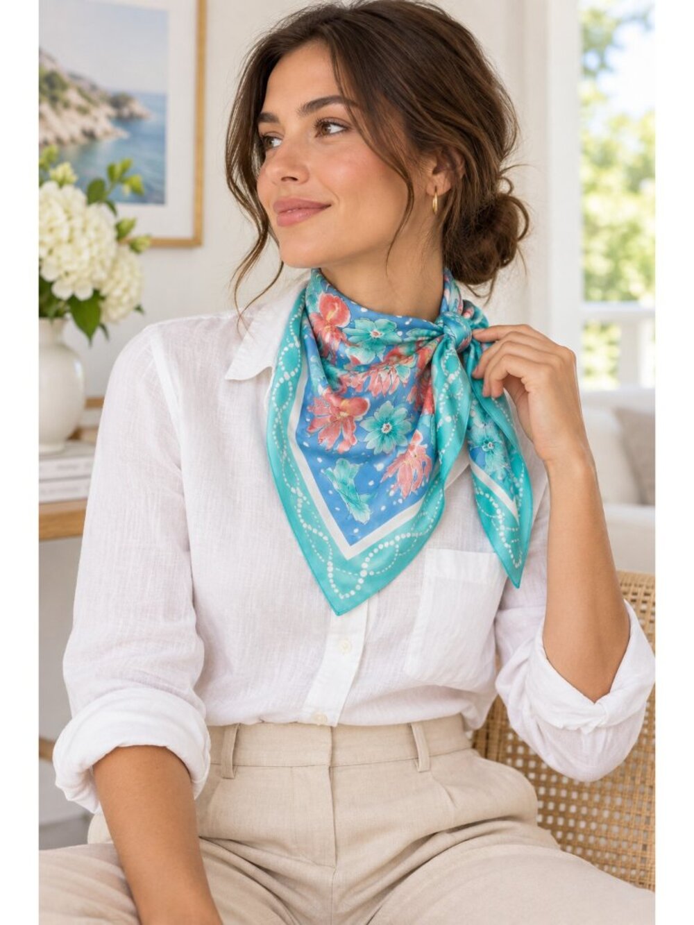 Vera Neumann All Silk Floral Scarf Turquoise Blue Pink 29" Square Vintage
